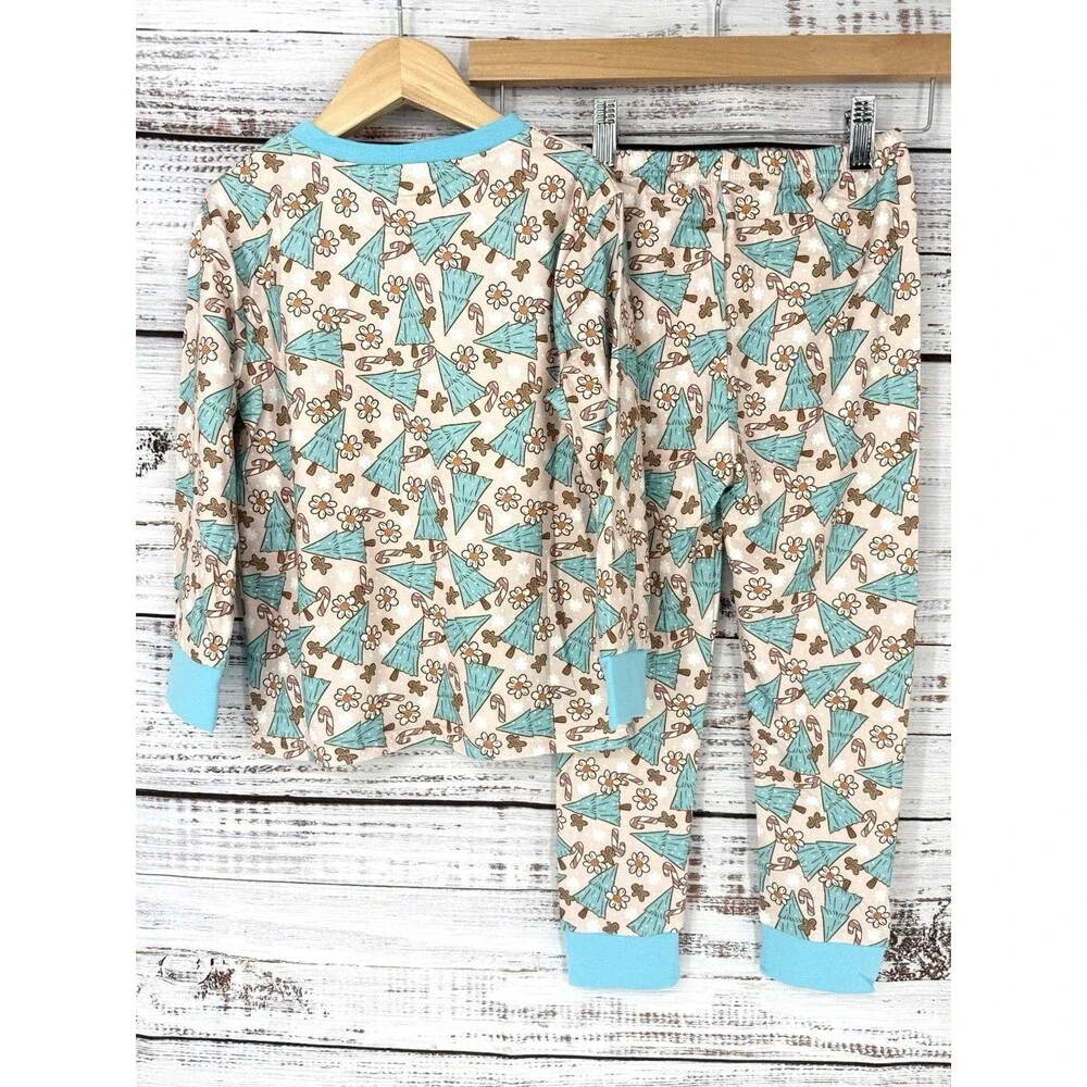 Boutique Girls Tree Holiday Christmas Neutral‎ Pajama Set Size 7-8 Blue